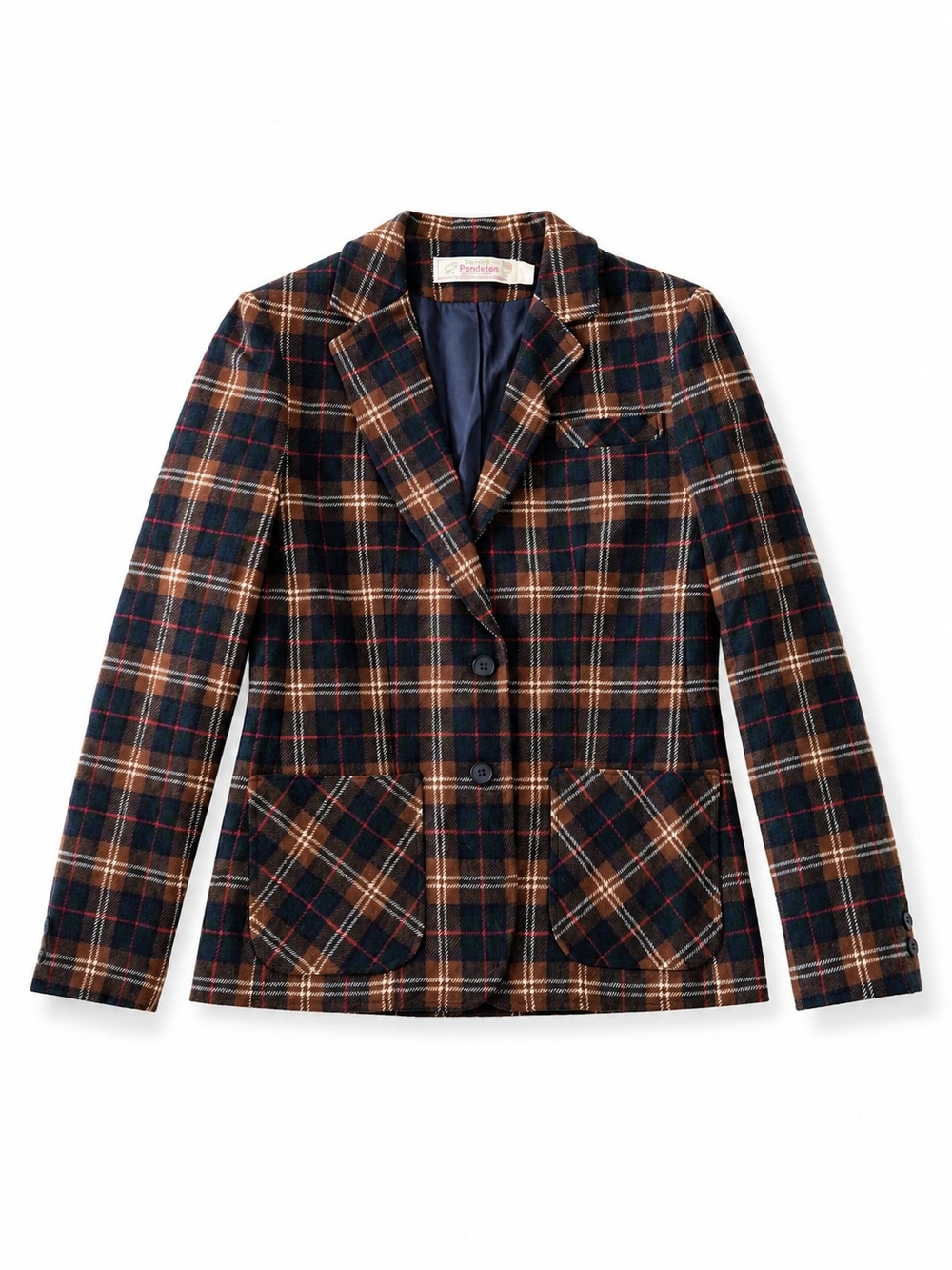 Vintage Pendleton Navy and Brown Plaid Wool Blazer